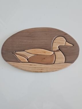 Handcrafted Wooden Intarsia Duck Wall Sculpture - Natural Wood Tones